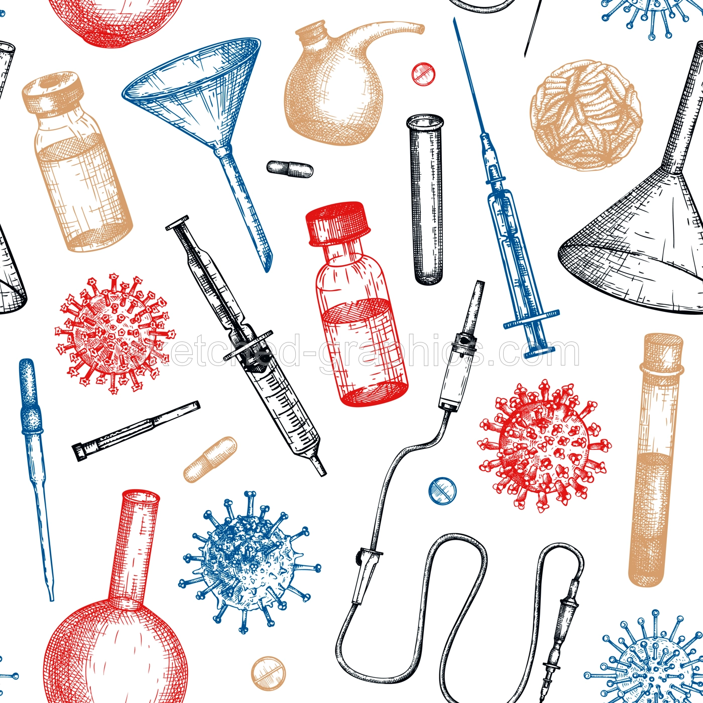 Antiviral therapy and vaccination background. Hand drawn vector illustrations. Vaccine in bottles, laboratory equipment, different virus sketches. Medicine seamless pattern . Covid-19 drawing  Illustration